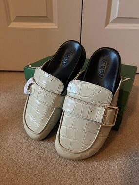 J. Crew Cream Croc-Embossed Slip-On Buckle Mules